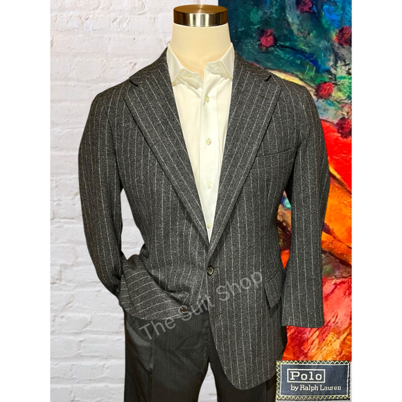 Vintage Polo Ralph Lauren 40R Gray Stripe Wide Lapel Flannel Blazer Sport Jacket - Picture 1 of 15